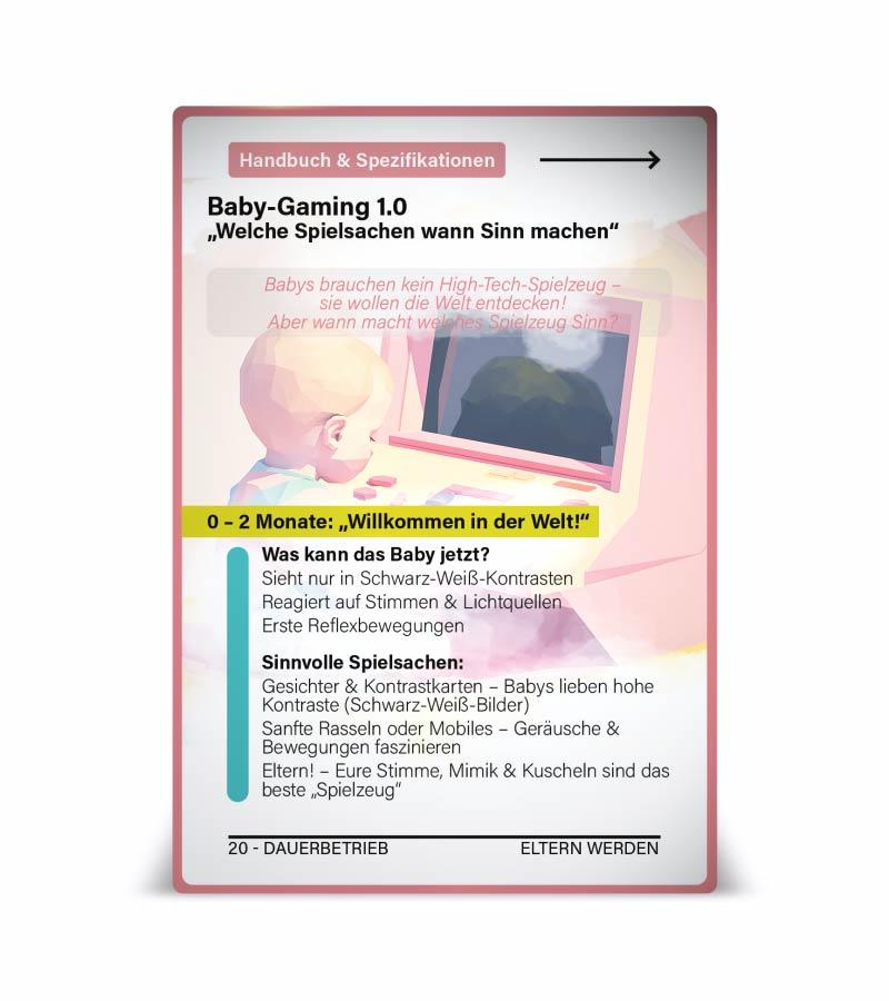Witzige Karte aus dem NextYou Set „Eltern werden – Die Betriebsanleitung 1.0“ mit dem Titel „Baby Gaming 1.0“. Alltag mit Baby trifft auf Gamepad-Logik: Füttern, Wickeln, Schlafen – Level für Level. Ein humorvoller Blick auf das Elternsein, perfekt für entspannte Perspektivwechsel im Familienalltag.