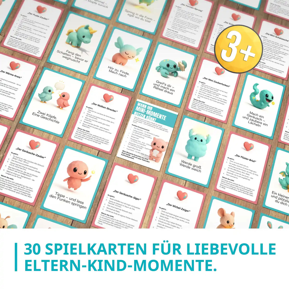Übersicht aller 30 Mini-Momente Spielkarten mit bunten Figuren und Text ‚30 Spielkarten für liebevolle Eltern-Kind-Momente‘, ausgelegt auf Holztisch