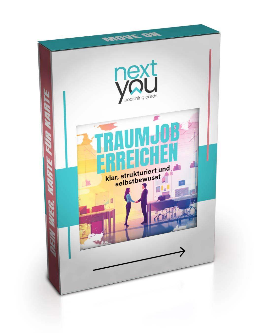 NextYou Kartenset „Traumjob erreichen – klar, strukturiert und selbstbewusst“ in hochwertiger, modern gestalteter Verpackung. Das Set begleitet dich Schritt für Schritt zum beruflichen Erfolg – mit klaren Zielen, motivierenden Mindset-Karten und praktischen Aufgaben. Ideal für alle, die sich beruflich neu orientieren oder gezielt auf ihren Wunschjob hinarbeiten möchten.