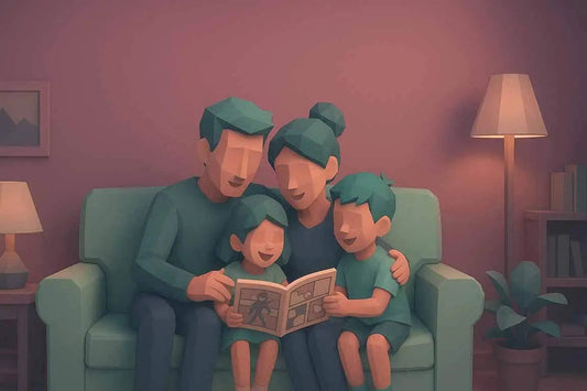 Familie sitzt zusammen auf dem heimischen Sofa und liest ein Comic-Buch