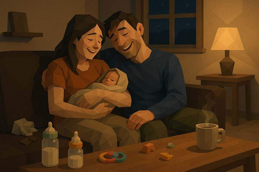 Zwei junge Eltern sitzen erschöpft aber lächelnd auf dem Sofa mit einem Baby im Arm, umgeben von Babyflaschen und Spielzeug – Coaching Karten liegen auf dem Tisch. Illustration im Low-Poly-Stil mit sanften Farben.