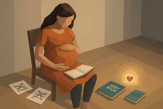 Schwangere Frau sitzt nachdenklich mit einer Hand auf dem Bauch und einer Coaching-Karte in der anderen Hand, umgeben von durchgestrichenen To-do-Listen. Minimalistische Illustration in desaturiertem Low-Poly-Stil.