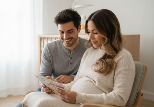 Werdende Eltern lesen Kartenset zur Vorbereitung auf das erste Baby und gemeinsame Zeit