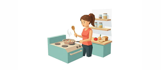 Junge Person in einfacher Küche mit Kochlöffel und einer Pfanne in Low-Poly-Illustration – Symbolbild für das Kochen lernen in der ersten eigenen Wohnung von nextyou