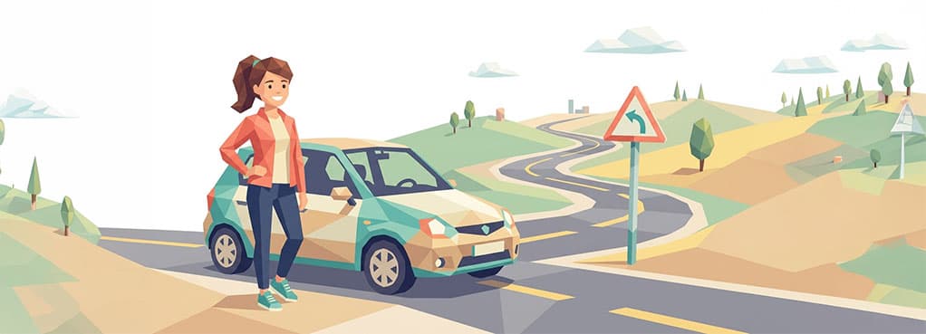 Junge Person steht selbstbewusst neben einem Auto in Low-Poly-Illustration mit Verkehrsschild und Straße – Symbolbild für den Führerschein-Einsteiger-Guide von nextyou