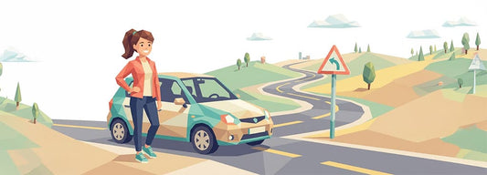 Junge Person steht selbstbewusst neben einem Auto in Low-Poly-Illustration mit Verkehrsschild und Straße – Symbolbild für den Führerschein-Einsteiger-Guide von nextyou