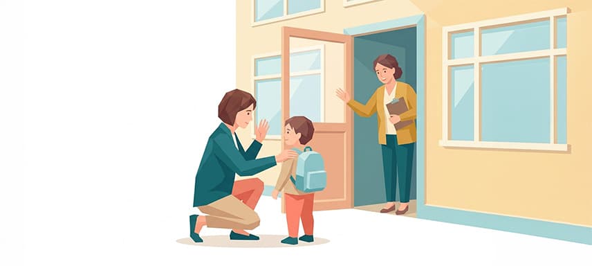 Elternteil verabschiedet sich liebevoll vom Kind an der Kita-Tür mit winkender Geste in Low-Poly-Illustration – Symbolbild für Tipps zum entspannten Kita-Abschied von nextyou