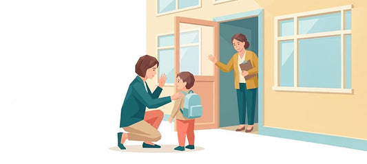 Elternteil verabschiedet sich liebevoll vom Kind an der Kita-Tür mit winkender Geste in Low-Poly-Illustration – Symbolbild für Tipps zum entspannten Kita-Abschied von nextyou