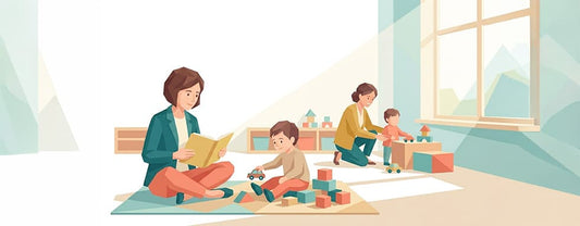 Elternteil sitzt ruhig im Kindergarten während Kind nebenan spielt und Erzieherin im Hintergrund interagiert – Low-Poly-Illustration als Symbolbild für die Kita-Eingewöhnung von nextyou