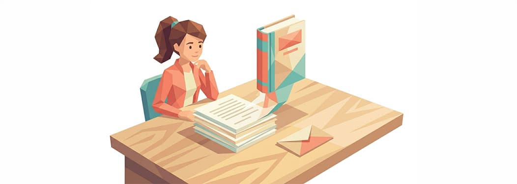 Stapel fertiges Manuskript mit einem aufsteigenden Buch und Briefumschlag in Low-Poly-Illustration – Symbolbild für den Weg vom Manuskript zur Veröffentlichung von nextyou