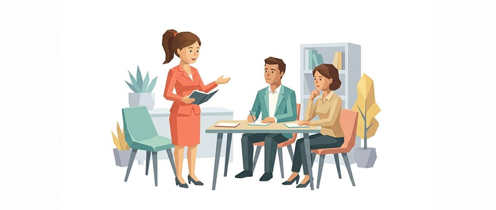 Junge Frau steht selbstbewusst in einer Meeting-Situation in Low-Poly-Illustration – Symbolbild für selbstbewusstes Auftreten im Beruf von nextyou