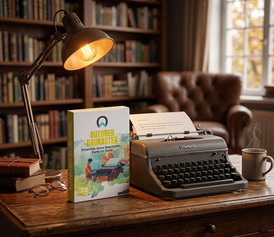 Autoren Baukasten Kartenset auf dem Tisch arrangiert im modernen Autorenzimmer – kreative Schreibkarten für Storyentwicklung, Plot-Struktur und Ideenfindung für Romane, Drehbücher und Kurzgeschichten