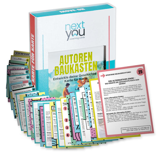 NextYou - Autoren Baukasten Kartenset – 30 Karten zum kreativen Schreiben und Entwickeln von Geschichten, Schreibhilfe für Autor:innen.