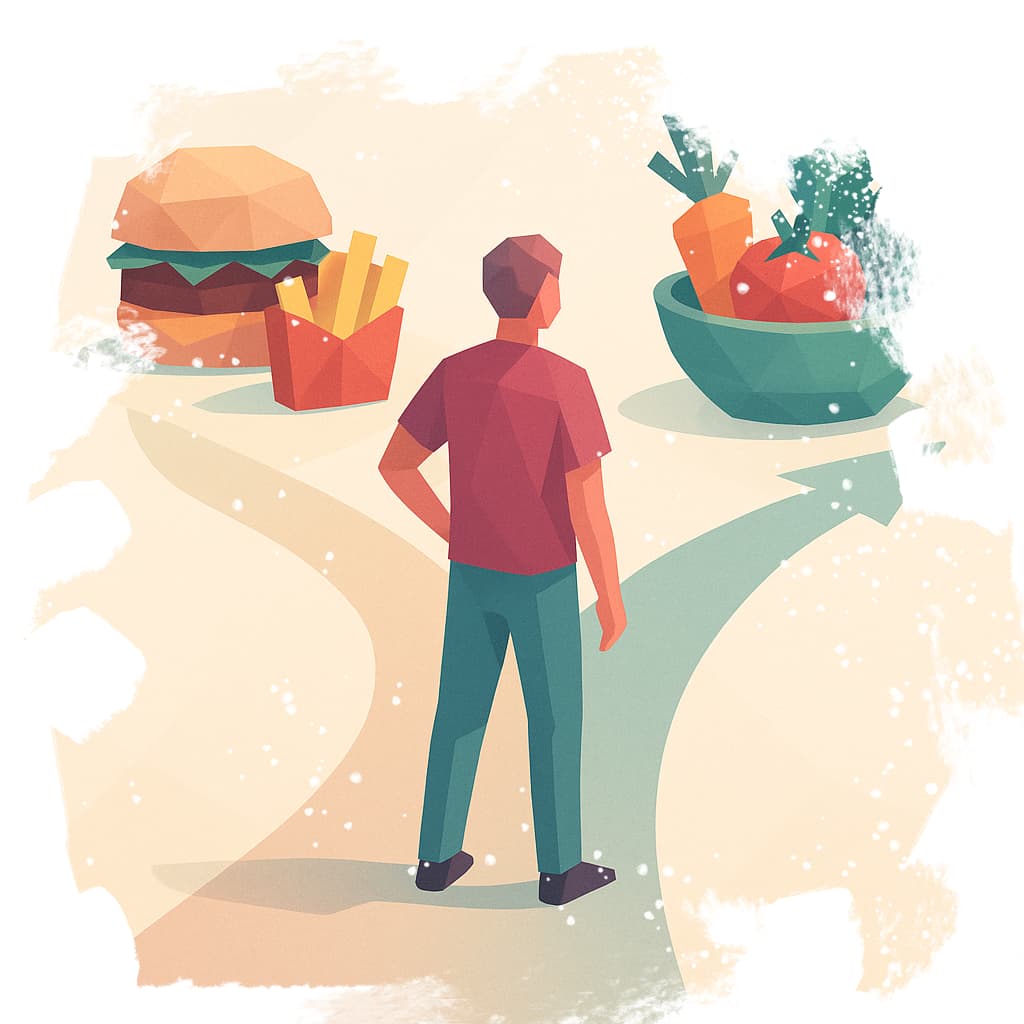 Darstellung einer Weggabelung zwischen gesunder und ungesunder Ernährung im Alltag