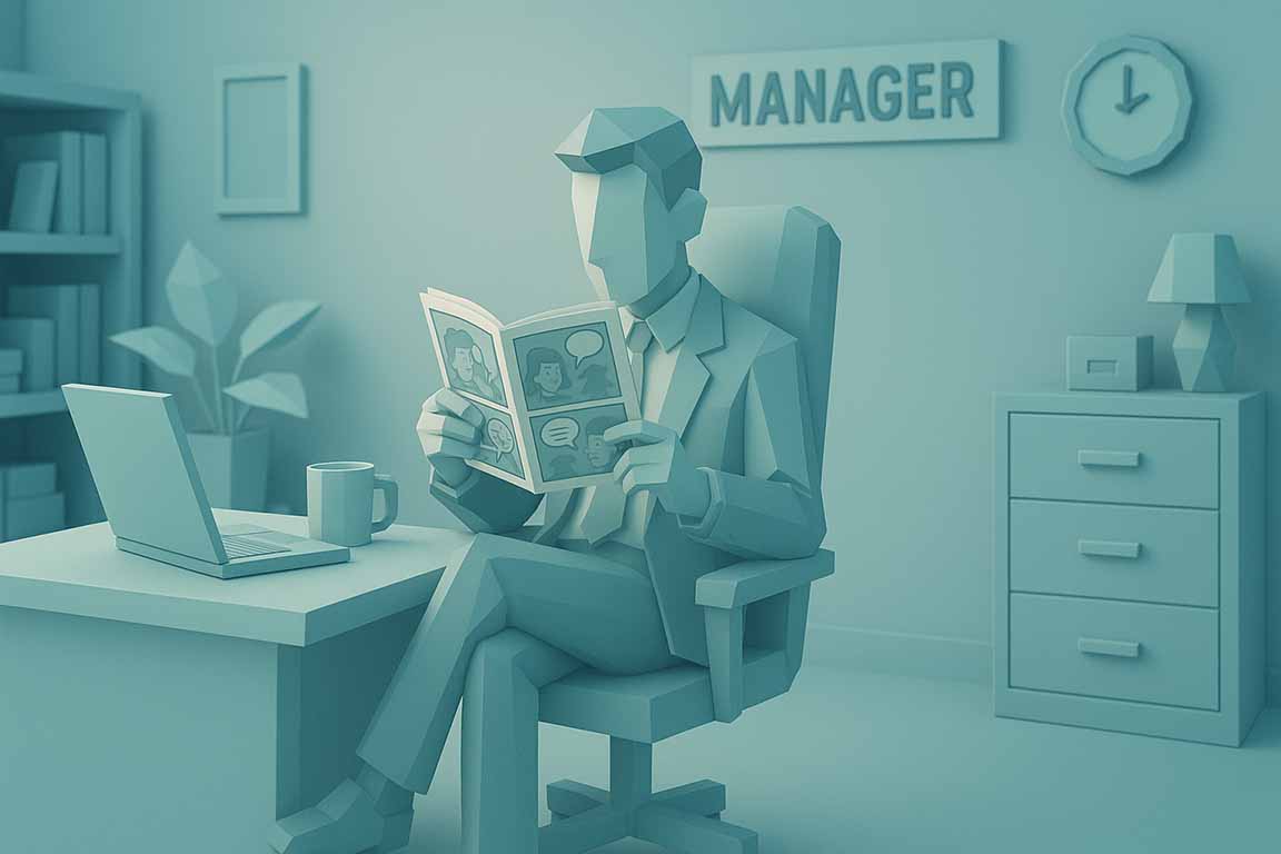 Manager liest ein Comic im Büro als humorvolle Szene aus dem Karrierealltag