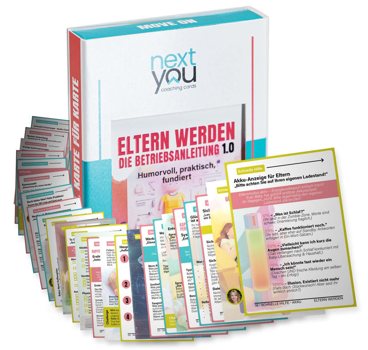 Eltern werden – Die Betriebsanleitung Kartenset mit 26 Karten für junge Eltern, voller Tipps und Humor für die Babyzeit.