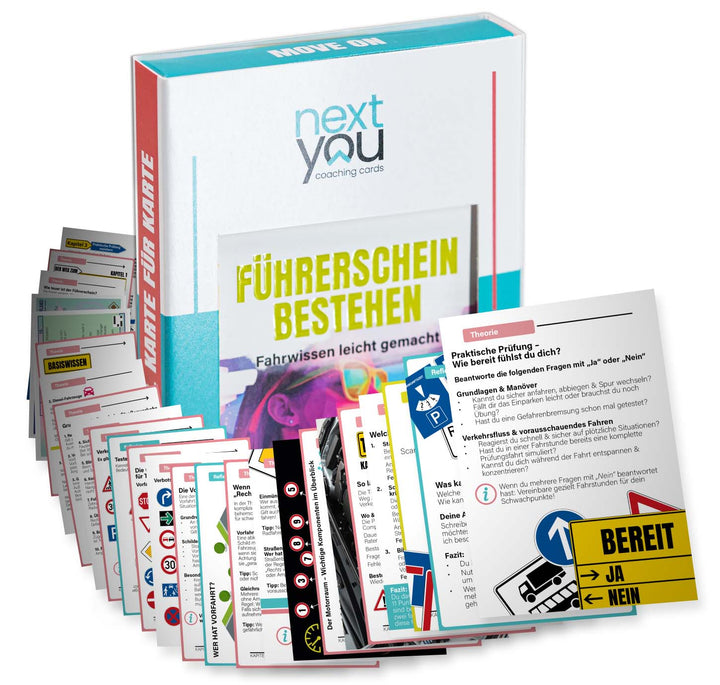 NextYou Coaching Cards Führerschein bestehen Kartenset – Lernhilfe für Fahrschüler mit Theoriefragen, Reflexionskarten & praktischen Tipps zur Prüfung.