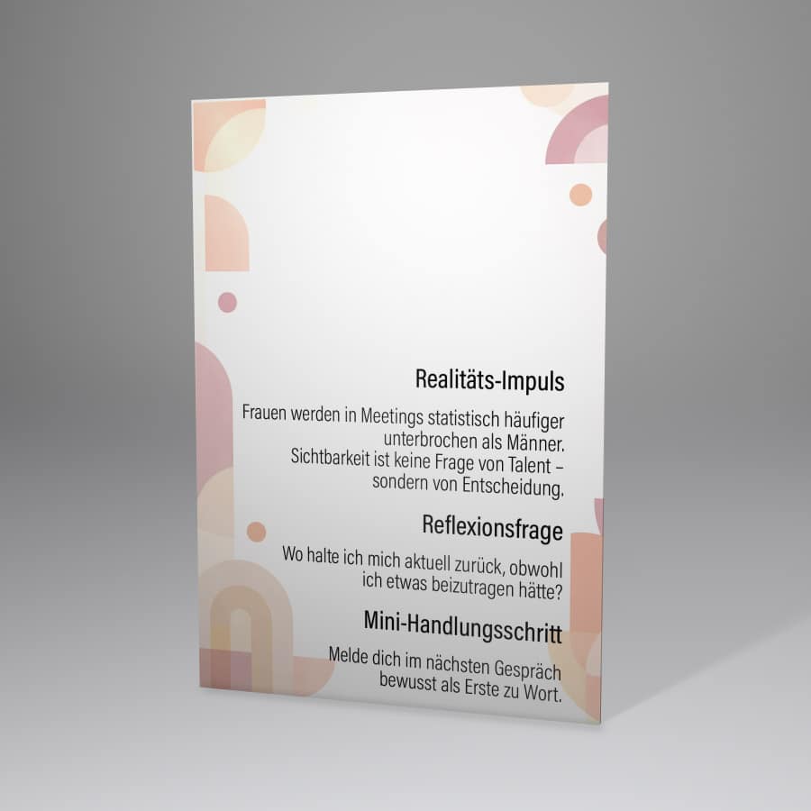 Rückseite der Female Empowerment Affirmationskarte „Ich darf sichtbar sein“ – Coaching Kartenset für Frauen mit erklärenden Impulsen, Reflexion und stärkenden Affirmationen für Selbstbewusstsein und Sichtbarkeit