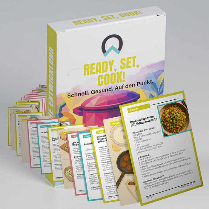 Ready Set Cook Kartenset für persönliche Entwicklung und gesunde Ernährung mit modernem Design und strukturierter Alltagsküchen-Organisation