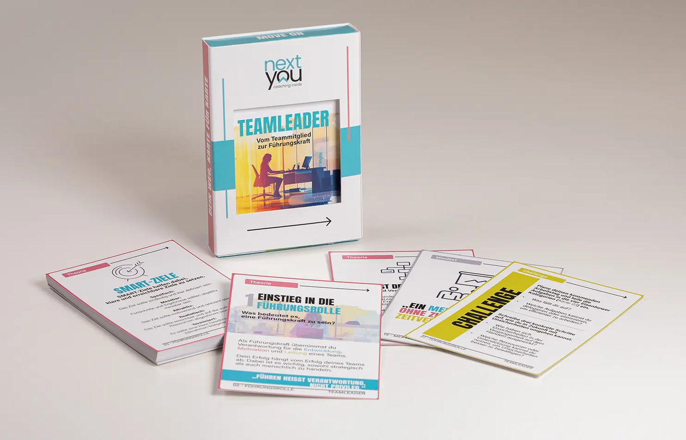 NextYou Kartenset „Teamleader“ mit Box und ausgelegten Karten zu Führungsrolle, Teamarbeit, SMART-Zielen und praxisnahen Challenges.