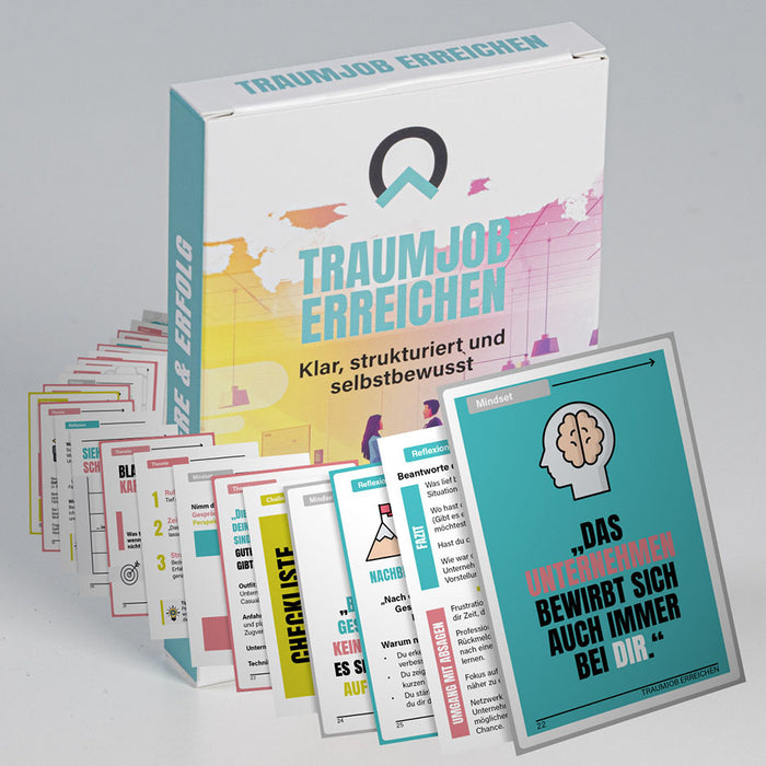 Traumjob erreichen Kartenset von nextyou mit Karrierekarten und Reflexionskarten zur beruflichen Neuorientierung, Bewerbung, Stärkenfindung, Karriereplanung und erfolgreichen Jobsuche