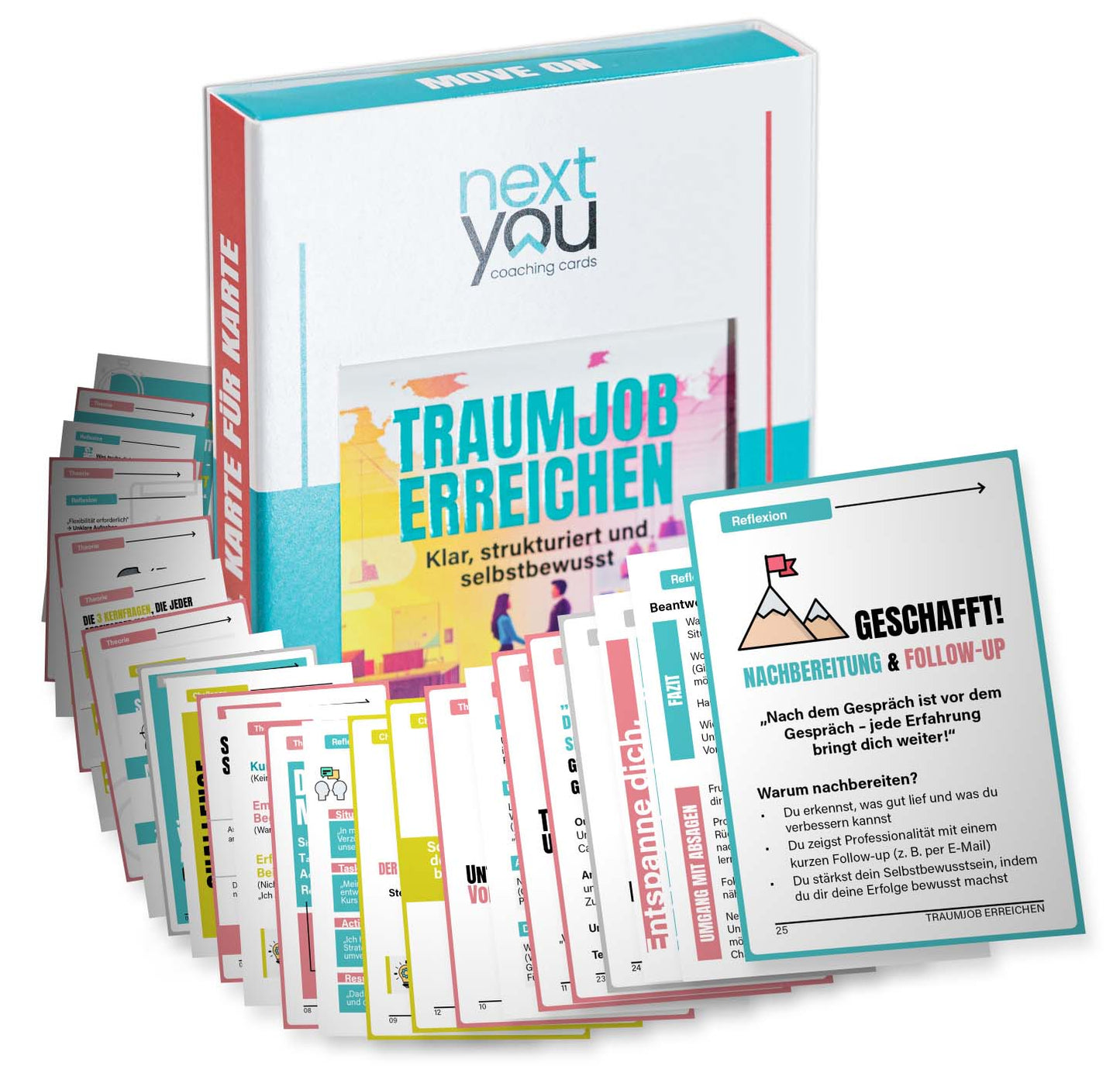NextYou - Traumjob erreichen Kartenset – 30 Karten mit Übungen & Tipps für Bewerbung, Vorstellungsgespräch und berufliche Weiterentwicklung.