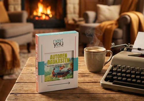 Autoren Baukasten Kartenset auf Tisch mit Schreibmaschine für kreative Schreibideen und Geschichtenentwicklung