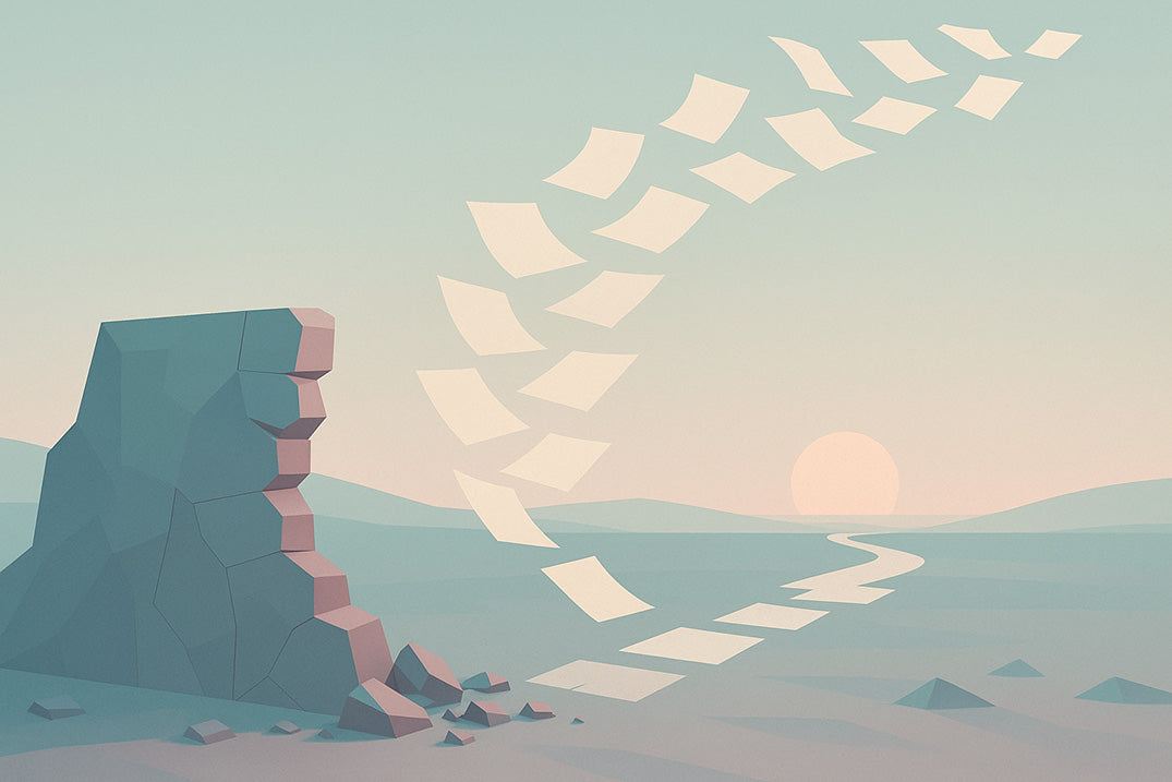 Fliegende Briefe im Sonnenuntergang – symbolisches Bild für Inspiration, Kontaktaufnahme und kreative Schreibprozesse bei Schreibblockaden.