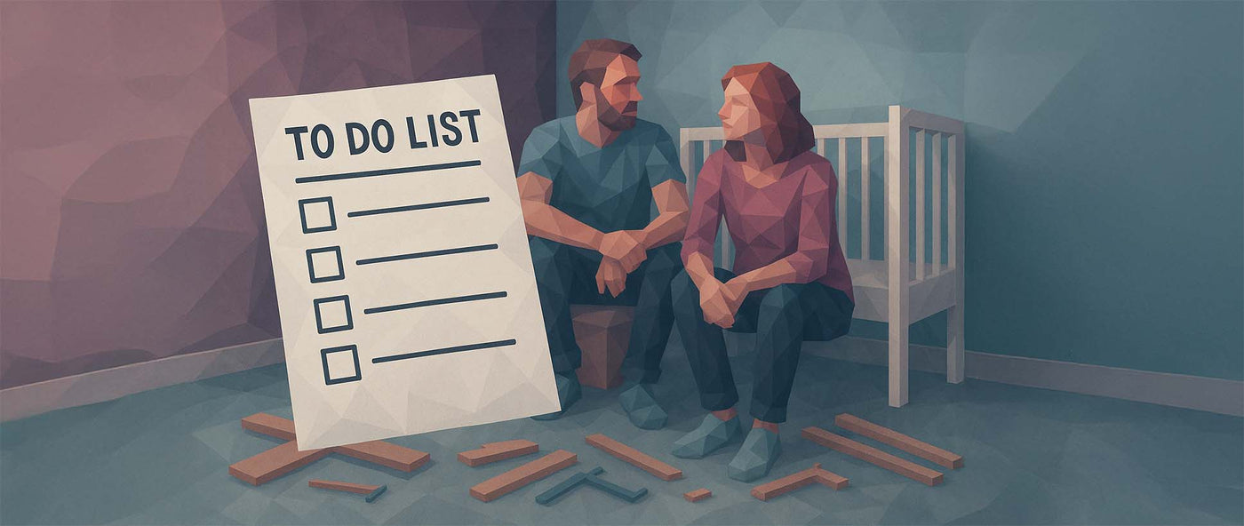Zukünftige Eltern sitzen vor einem halbfertigen Babybett und wünschen sich eine ToDo-Checkliste