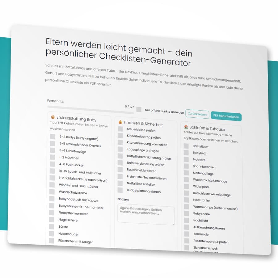 nextyou Checkliste für werdende Eltern zur Vorbereitung auf Geburt und erste Zeit mit Baby
