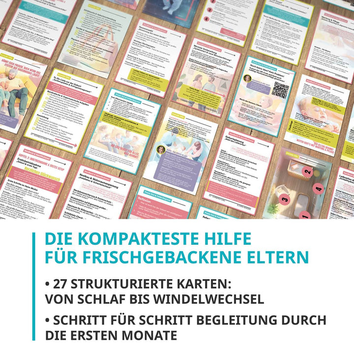Übersicht aller Karten des NextYou Sets „Eltern werden – Die Betriebsanleitung“, mit humorvollen Tipps und Übungen für Eltern rund um Geburt, Babyalltag und Familie.