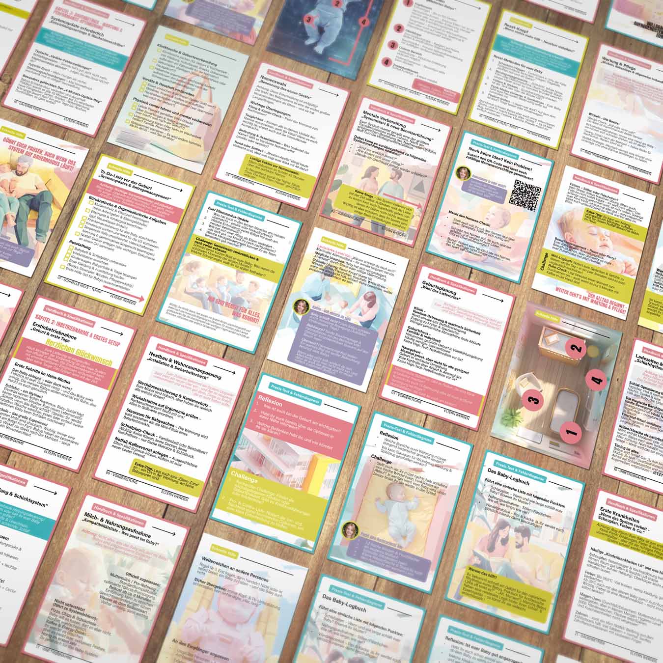 Übersicht aller Karten des NextYou Sets „Eltern werden – Die Betriebsanleitung“, mit humorvollen Tipps und Übungen für Eltern rund um Geburt, Babyalltag und Familie.