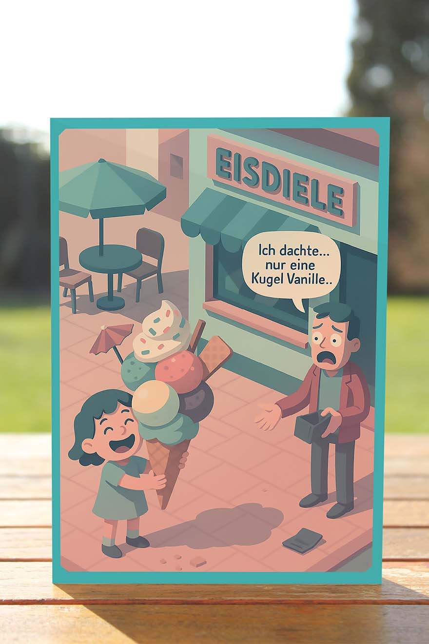 Witzige Eltern-Postkarte mit Kind und riesigem Eisbecher – Motiv: „Ich dachte… nur eine Kugel Vanille“ – lustige Szene aus dem Alltag