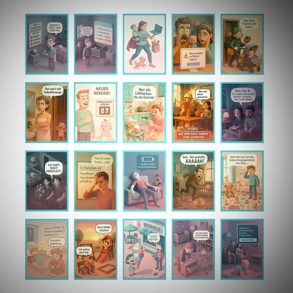 Alle Karten auf einen Blick: Comic-Kartenset für Eltern – witzige Motive rund ums Baby- und Kleinkindchaos als Postkarten-Edition