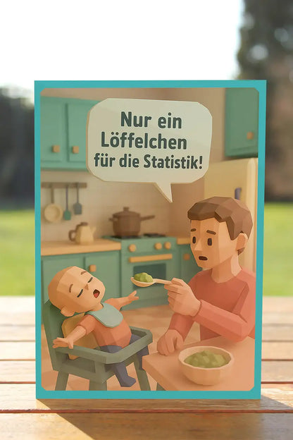 Lustige Postkarte mit Baby beim Essen: „Nur ein Löffelchen für die Statistik!“ – typischer Elternmoment als witziger Comic