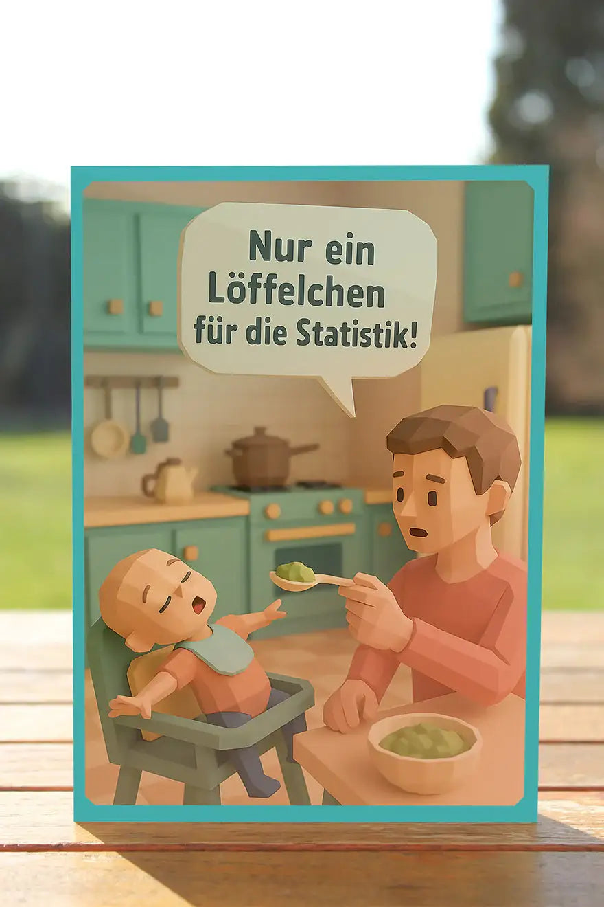 Lustige Postkarte mit Baby beim Essen: „Nur ein Löffelchen für die Statistik!“ – typischer Elternmoment als witziger Comic