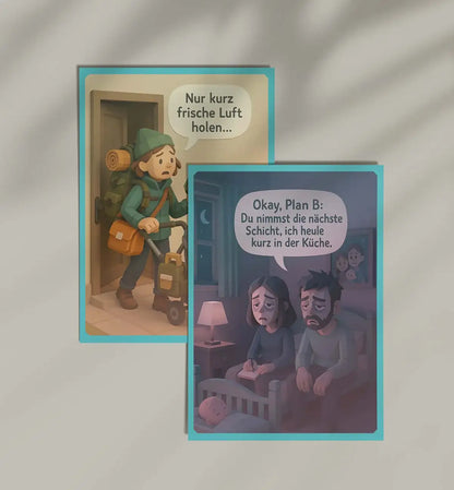 Zwei humorvolle Eltern-Postkarten im Set – witzige Szenen über Müdigkeit, Spielplatz und Babyalltag im Comic-Stil