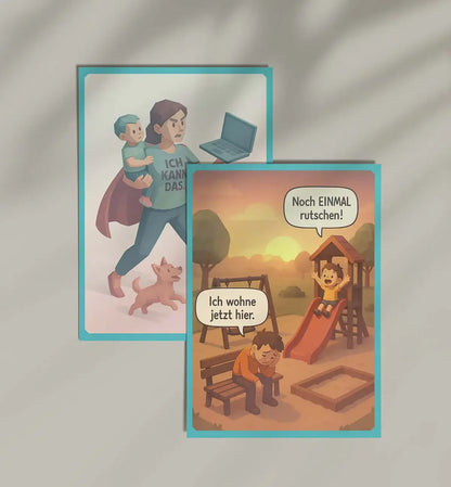 Comic-Postkarten-Set mit Super-Mama und Spielplatzsituation – Geschenkidee für junge Eltern mit Augenzwinkern