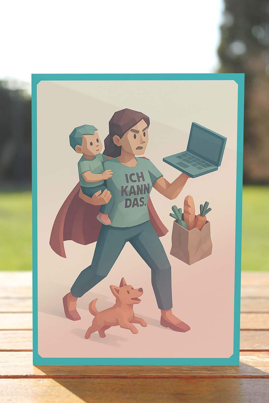 Lustige Postkarte „Ich kann das!“ mit Superheldin-Mama – Comic-Karte für Eltern, die alles gleichzeitig managen