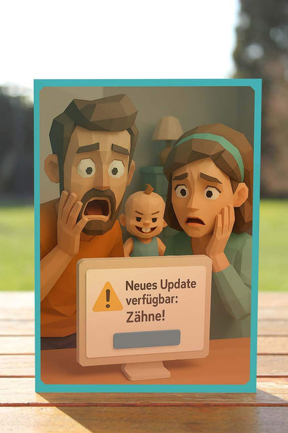 Comic-Postkarte mit Eltern-Schockmoment: „Neues Update verfügbar: Zähne!“ – humorvolles Motiv zum Elternwerden