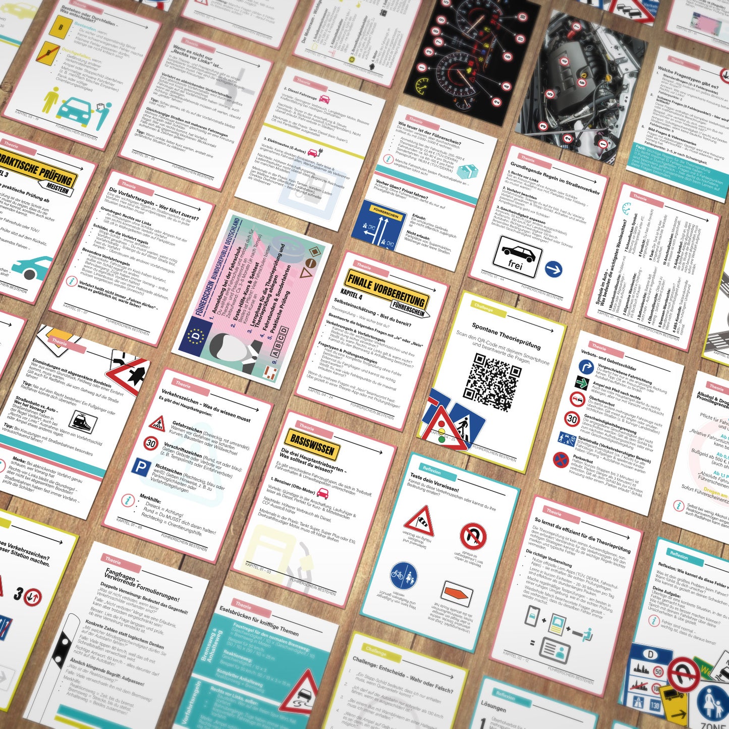 Übersicht der Lernkarten aus dem NextYou Set „Führerschein bestehen“, mit Verkehrsschildern, Theoriefragen und praktischen Übungen zur Führerscheinprüfung.
