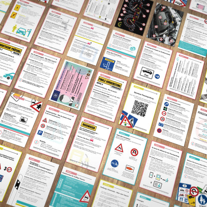 Übersicht der Lernkarten aus dem NextYou Set „Führerschein bestehen“, mit Verkehrsschildern, Theoriefragen und praktischen Übungen zur Führerscheinprüfung.