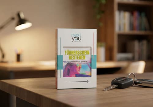 Führerschein bestehen Kartenset mit Autoschlüssel auf Tisch zur Prüfungsvorbereitung Theorie und Praxis