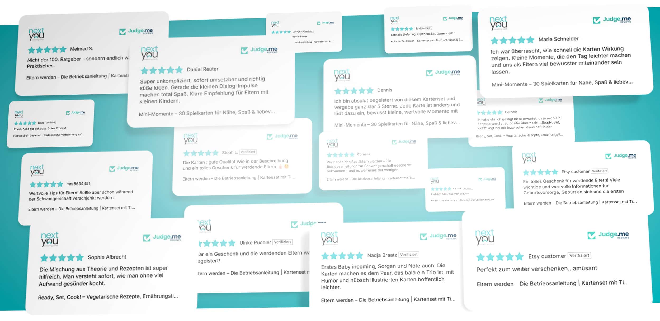 Kundenstimmen und Erfahrungen mit den NextYou Kartensets für persönliche Entwicklung, Familie und Karriere