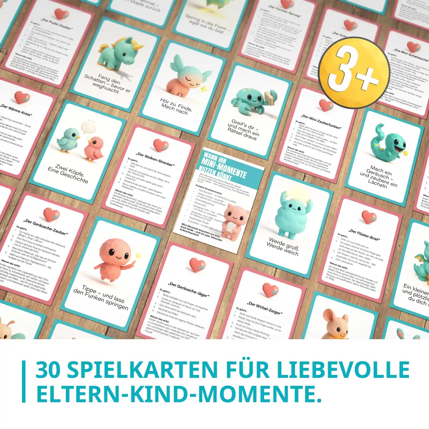 Übersicht aller 30 Mini-Momente Spielkarten mit bunten Figuren und Text ‚30 Spielkarten für liebevolle Eltern-Kind-Momente‘, ausgelegt auf Holztisch