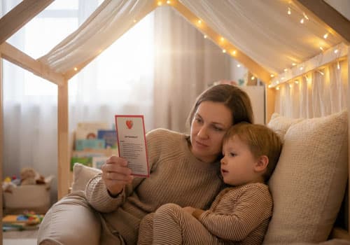 Mutter liest mit Kind im Bett Kartenset für gemeinsame Momente und bewusste Zeit im Familienalltag
