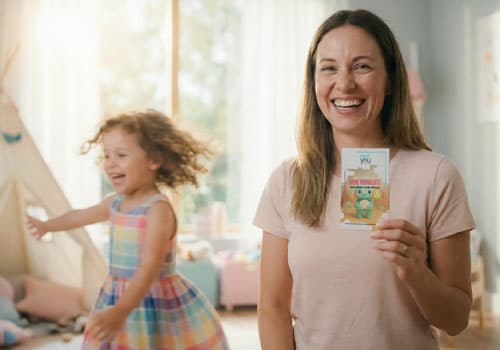 Mutter zeigt Mini Momente Kartenset im Kinderzimmer bei warmem Licht – gemeinsame Zeit und kleine Rituale mit Kind