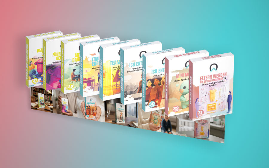 NextYou Kartensets Übersichtsbanner mit den Kategorien Familie, Karriere & Erfolg sowie Persönliche Entwicklung – moderne Coaching Kartensets für Alltag, Job und persönliches Wachstum mit klar strukturierten Impulsen, Reflexionen und praktischen Challenges