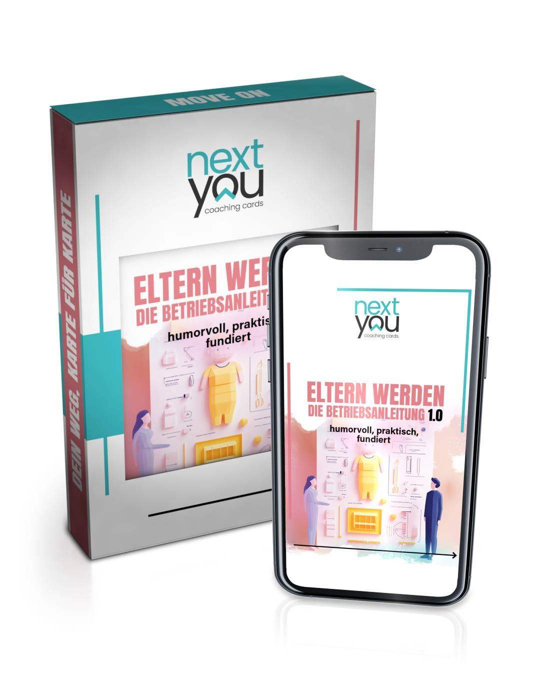 NextYou Bundle-Set: „Eltern werden – Die Betriebsanleitung 1.0“ als physisches Kartenset + digitaler PDF-Download. Die ideale Kombination für maximale Flexibilität – zu Hause mit den echten Karten arbeiten oder unterwegs am Smartphone lesen. Humorvoll, praktisch und fundiert – das perfekte Geschenk für werdende Eltern.