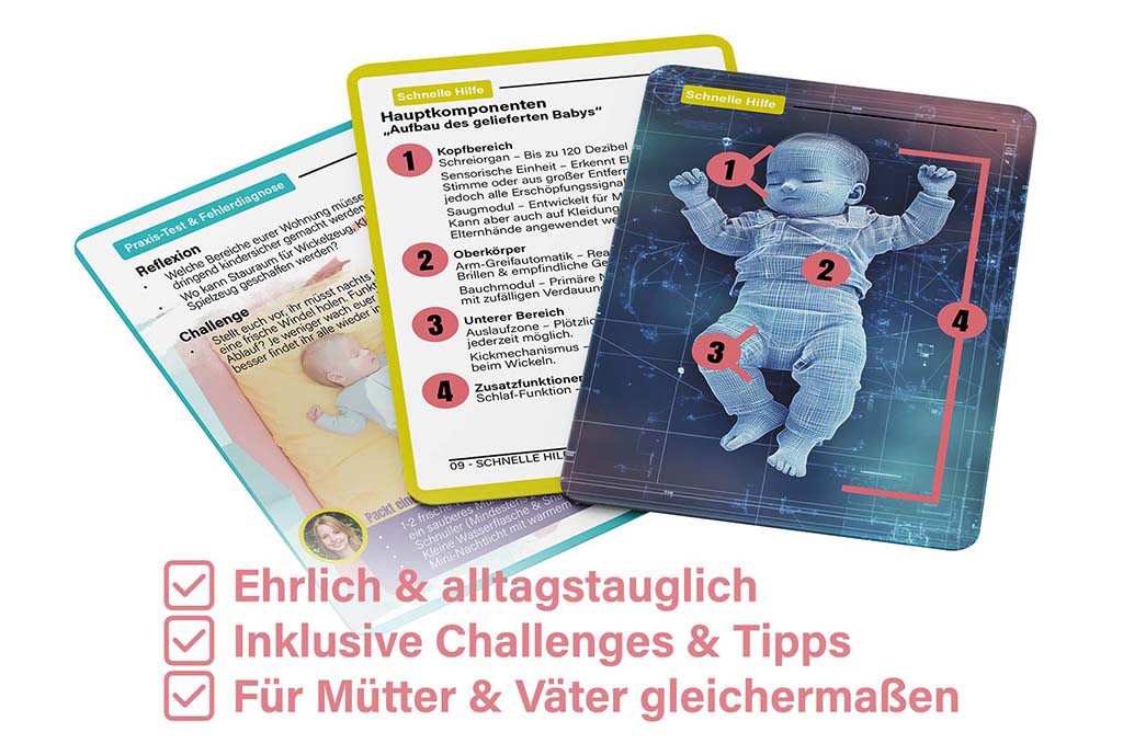Einblick in die Karten des Sets „Eltern werden – Die Betriebsanleitung 1.0“: Verschiedene Kartentypen wie Challenges, Reflexionsfragen und praxisnahe Tipps decken alle Phasen des Elternstarts ab – von der Vorbereitung bis zum Umgang mit Baby-Alltagssituationen.